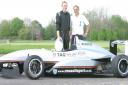 Alex Thornton (left) and Nick Edginton with Lewis Hamilton's 2003 Manor car.