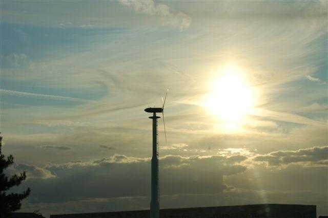 Winter sky and wind turbine at Howe Dell school