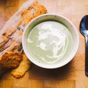 Starter: Mint, pea and asparagus soup with parmesan biscuits