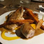 The roast corn-fed chicken with potato fondant and pickled carrot