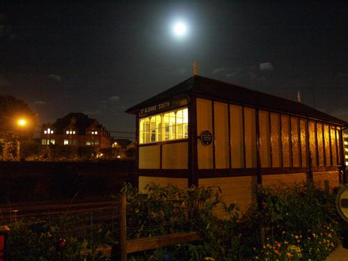 This photo of the restored St Albans South Signal Box was taken on September 12 last year at about 10.30pm and shows the box by the light of the full moon that night. Photo by Richard Kirk, Newsletter Editor
St Albans Signal Box Preservation Trust