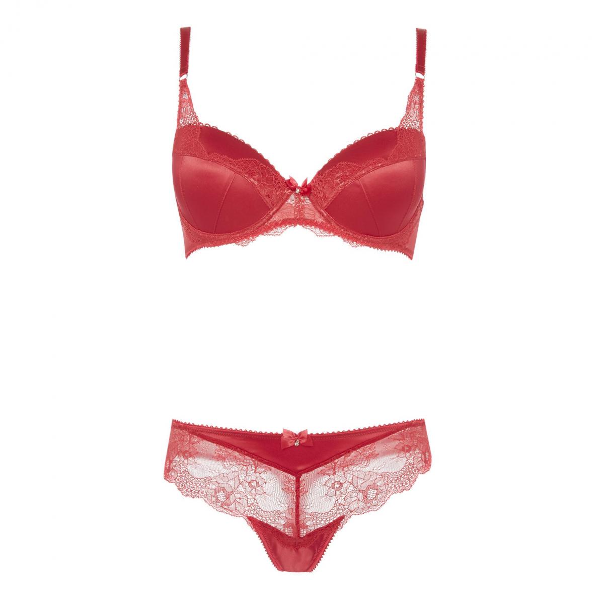 Primark, red lace trim bra, £7 and thong, £3