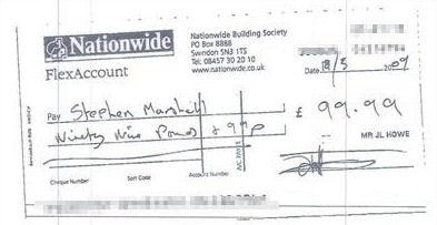 A cheque made out to Marshall dated after Howe's death. 