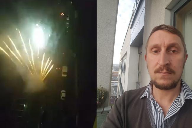 Fireworks go off outside a block of flats in Manchester, filmed by resident Stephen Squires (right)