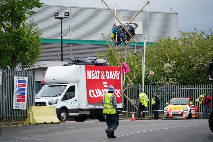 A bamboo structure has been erected outside the centre on the Hemel Hempstead Industrial Estate. Credit: PA