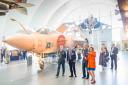 RAF Museum CEO Maggie Appleton with HRH The Earl of Wessex in the refurbished Hangar 6 at the RAF Museum. Photo: Benedict Johnson