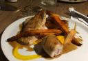 The roast corn-fed chicken with potato fondant and pickled carrot