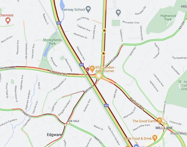 St Albans & Harpenden Review: Heavy traffic at Apex Corner. Also shown is heavy traffic on the M1 south towards Staples Corner, which has been caused by today's A406 collision. Credit: Google Maps