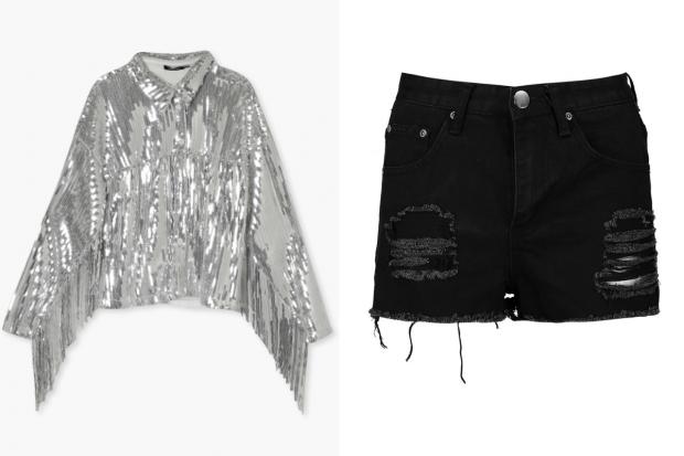 St Albans & Harpenden Review: (Left) Sequin Fringe Detail Shirt and (right) Petite High Rise Distressed Denim Shorts (Boohoo/Canva)