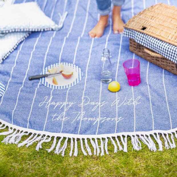 St Albans & Harpenden Review: Personalised Round Blue Picnic Or Beach Blanket. Credit: Not On The High Street
